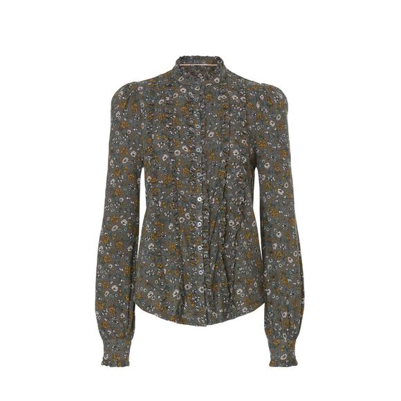 Boden Ruffle Jersey Gray Floral Print Long Sleeve Modest Blouse Size 4 - Picture 2 of 14